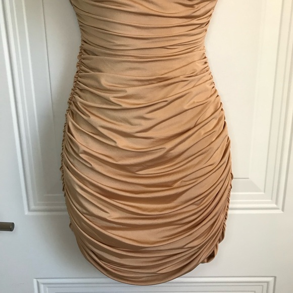 🔴 4/$15 H&M gold sexy fitted shirred & ruched ss mini party dress size M in EUC - Picture 6 of 14